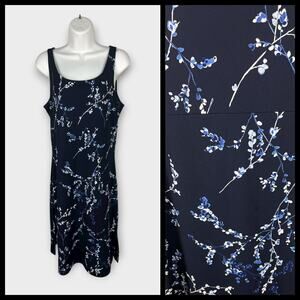 90s Alyn Paige Blue Floral Empire Waist Navy Knee Length Dress Size 8 Small Punk